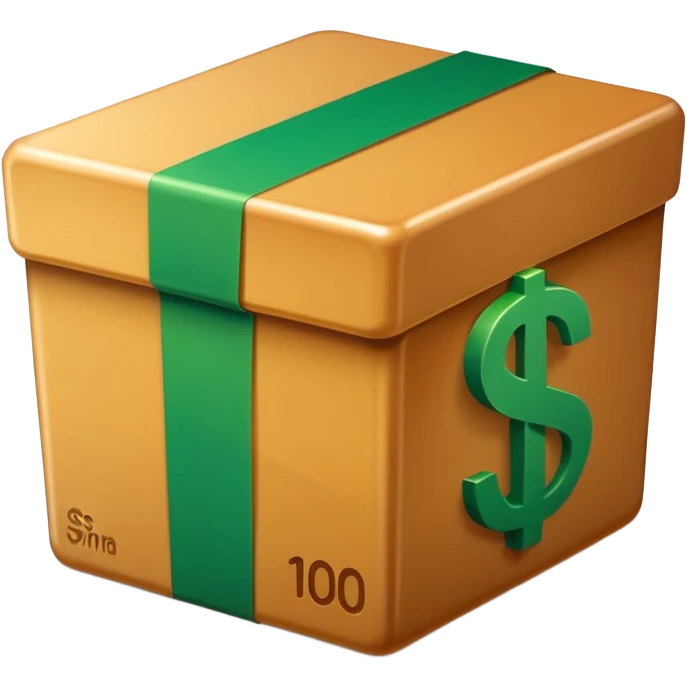 Closed box facing forwards with semi rounded edges Light honey‑brown tape strip with a glossy highlight green bill with a bold white dollar sign, anchored at the bottom left of the box create depth with slight shadows Plain white background for that crisp, emoji‑ready finish emoji