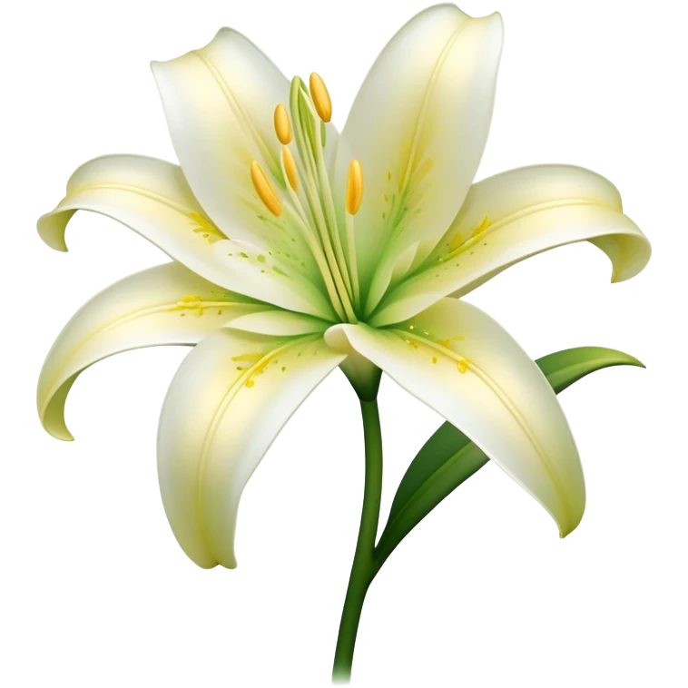 Cinematic Realistic Lily Emoji, Elegant and fragrant, with soft, white petals curling delicately around a golden-yellow stamen at its center. The long, slender green stem stands tall, supporting the vibrant bloom with its slightly curled tips. Soft glowing outline, capturing the essence of purity, elegance, and grace in a striking lily. emoji