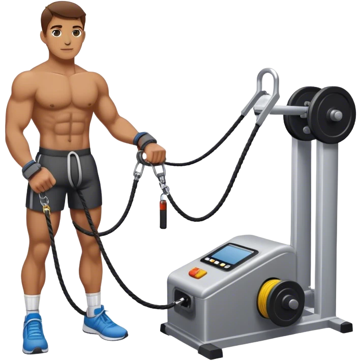 athlete standing next to cable-machine with cable tied to ankle cuffs (for leg exercise) emoji