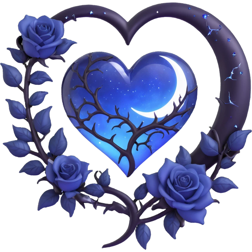 gothic heart, midnight blue glass, silver crescent moon, black roses, stardust, lightning, rain, cracked glass, elegant style emoji