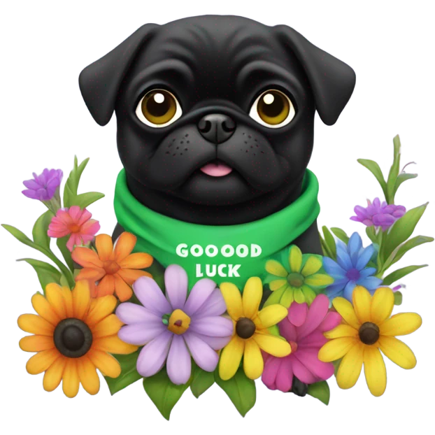 Black pug , surrounded by flowers, holding a green sign that says “good luck”  emoji