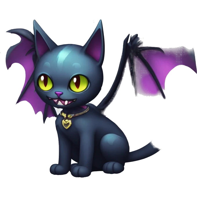   cool edgy kawaii ethereal dark-punk-themed animal vampiric cat-hybrid Fakemon with fangs and bat-wing-ears with a collar full body emoji