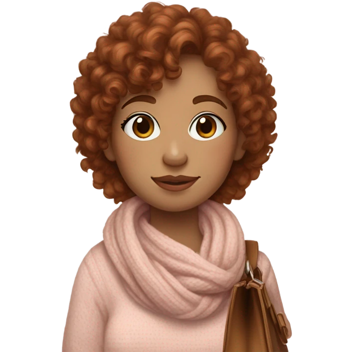 auburn haired girl with curly hair and bangs make her have light makeup and a small amount of freckles on both sides she is wearing a baby neutral pink jumper with a white scarf and a brown bag on her shoulder  emoji
