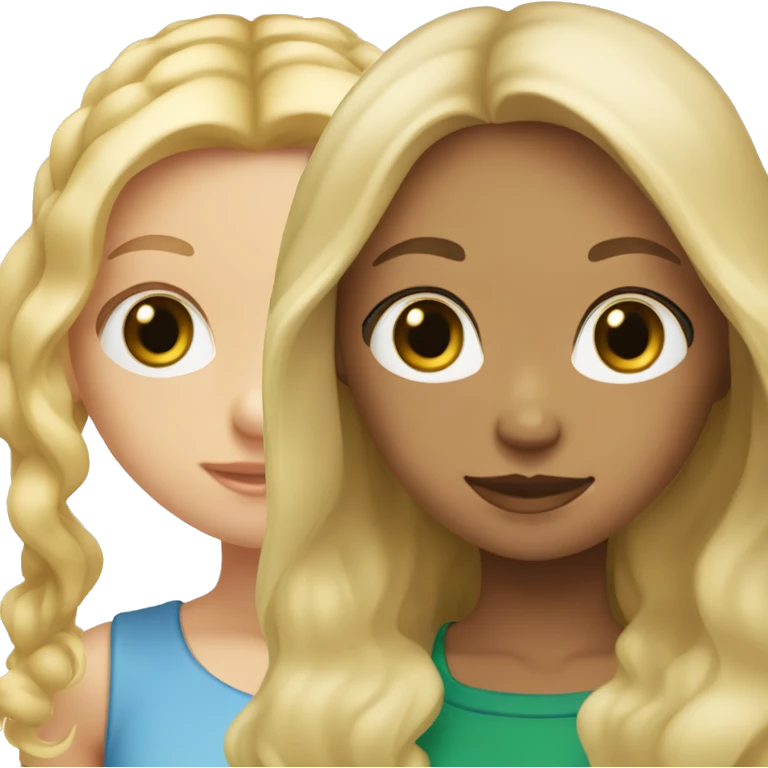 Two girls, one of them is a blonde with straight hair, fair skin and green eyes, the other one has fair skin, blue eyes, light brown curly hair emoji