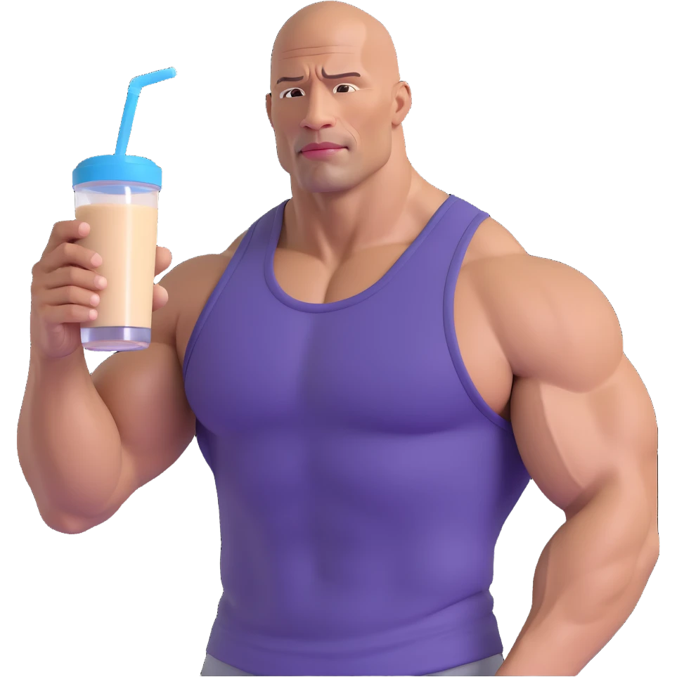 emoji of muscular bald man resembling Dwayne Johnson drinking a protein shake, wearing a tank top emoji