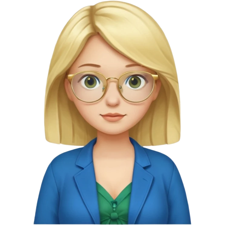 pregnant blonde 18-year old with golden glasses in a bright blue dress and a dark green jacket on top of the blue dress emoji