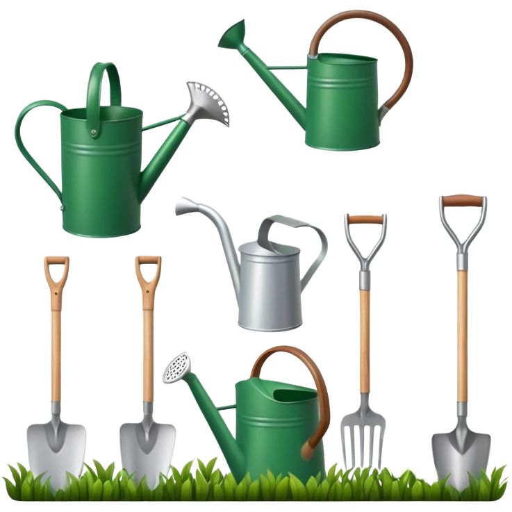 gardening tools collection with shovel rake watering can emoji