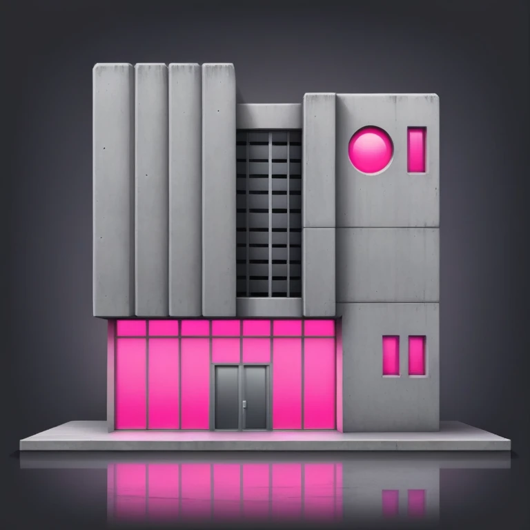 Minimalist gray concrete building with one window glowing bright pink, brutalist architecture emoji