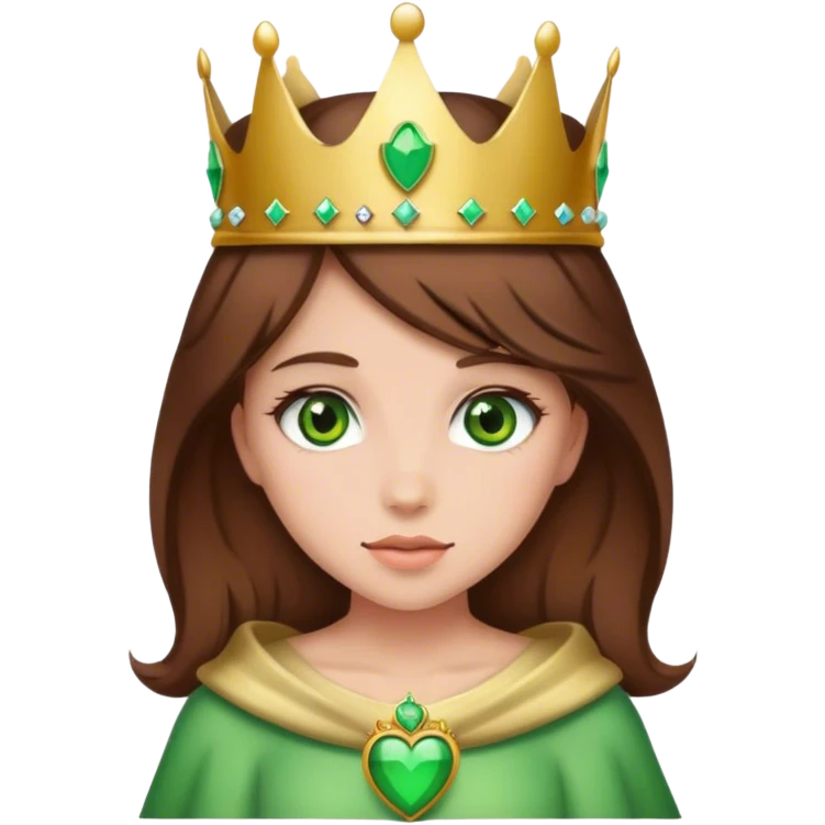 Girl with brown hair, green eyes, crown and heart emoji