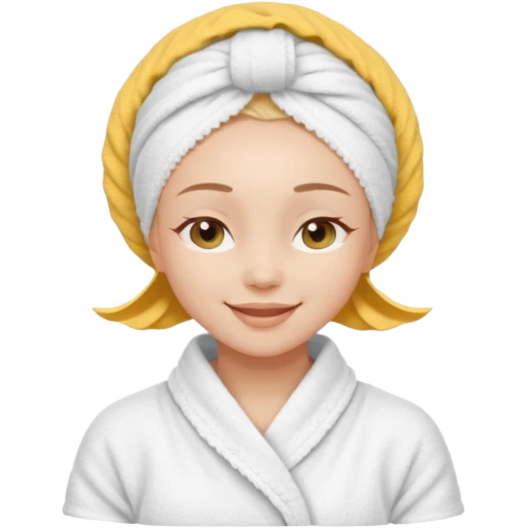 cute girl with her eyes closed and smiling, wearing a white spa towel as her clothes in she has a white spa towel on her head, white face skincare mask whole face emoji