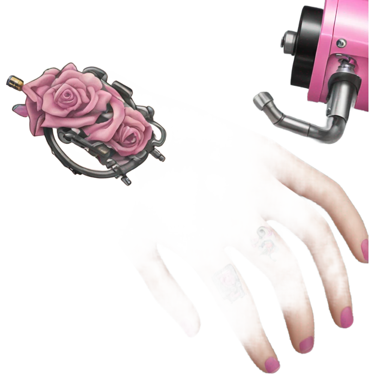 White-girl-hand with pink-tattoos holding a tattoo-coil-machine emoji