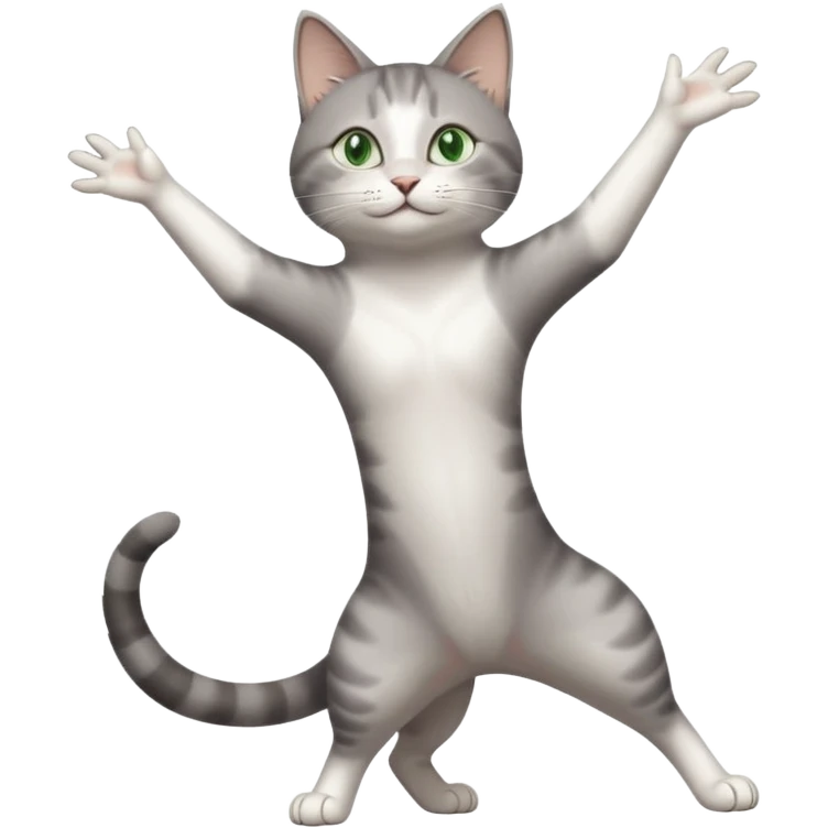 grey and white cat with green eyes doing a big long stretch reaching up into the air with arms and legs side by side together emoji