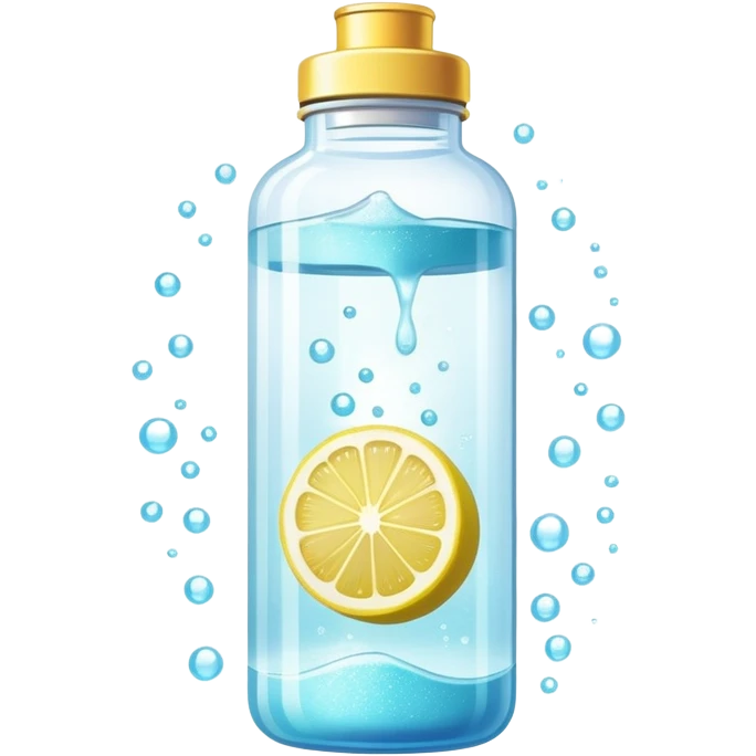 Ethereal glowing water bottle with floating lemon slice and sparkling creatine powder, surrounded by magical aura emoji