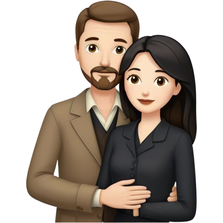 middle aged couple, tall white man with brown hair goatee mustache hugging a pale woman with long black hair, wearing elegant clothing emoji