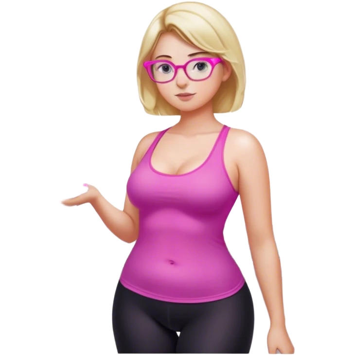 Curvy fair skinned woman, freckled skin, short blond hair, small light purple reading glasses, washing dishes, short flowing sheer hot pink tank top, without undergarments SFW, tight black yoga pants, thick booty emoji