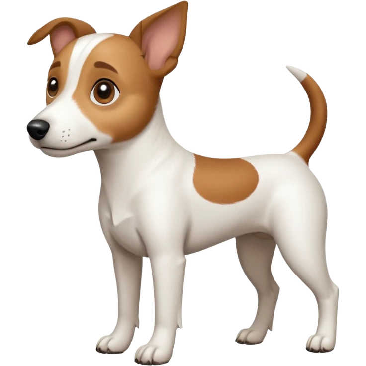 a full body white jack russel looking dog the size of a kelpie with light brown ears and a light brown patch on one eye, flopped down ears and a large snout emoji