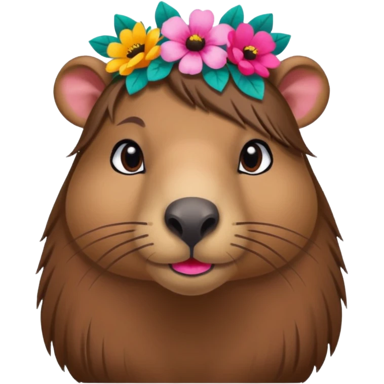 capybara with faka eye lashes and make up on - bright lipstick and eye make up - long brown hair, flowers in her hair

 emoji