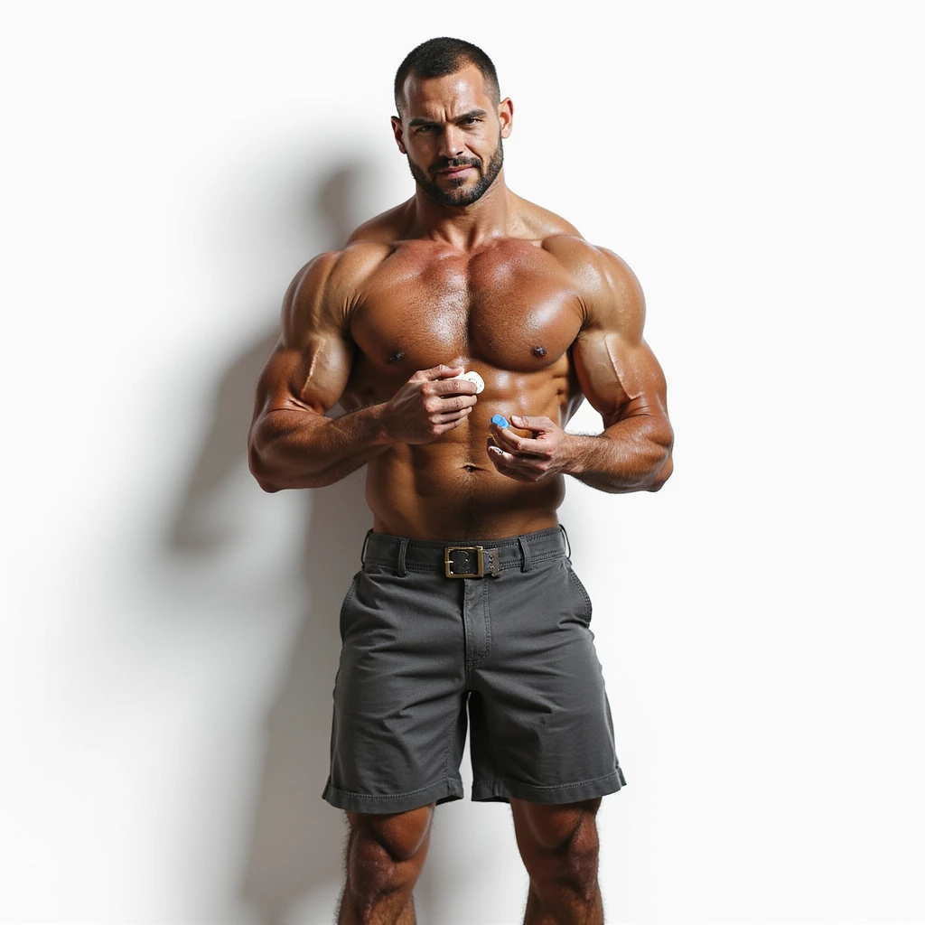hyper realistic muscular bodybuilder taking an anabolic pill, shadow on the wall shaped like shrunken testicles, isolated on white background emoji