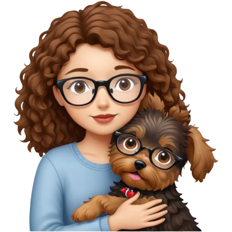 Girl with brown curly hair and glasses hugging a yorkshire terrier dog emoji