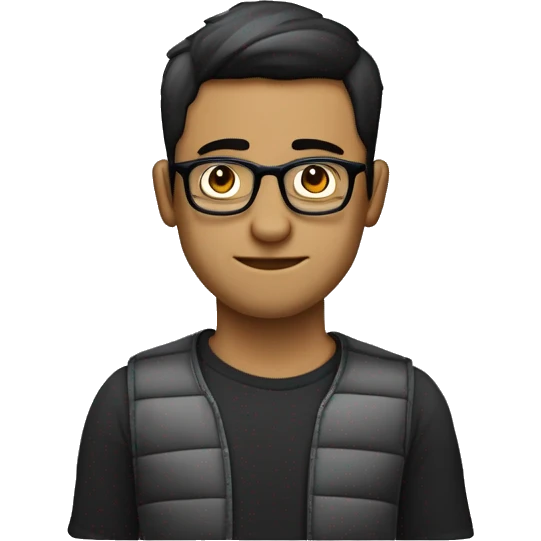 persona de complexión robusta, con cabello corto y oscuro. Lleva gafas grandes de montura oscura y una camiseta de tirantes con rayas verticales blancas y negras. Esta gesticulando y explicando emoji