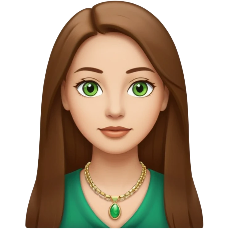 Adult woman avatar, light skin tone, oval face, straight long brown hair, green eyes, neutral mouth, elegant  emoji