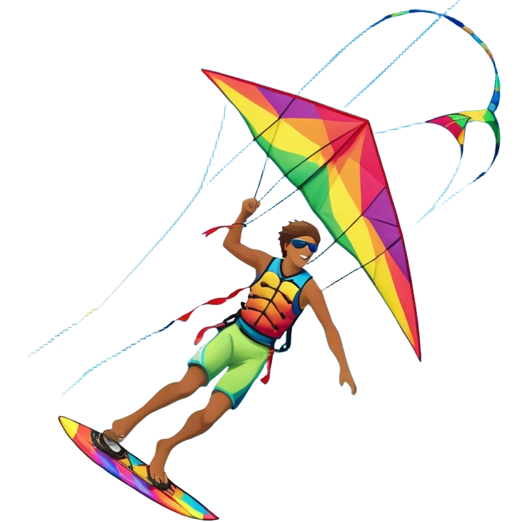 A vibrant kite soaring high in the sky, attached to a kiteboarder riding the waves below. The scene is filled with bright colors, capturing the energy of the sport. The background features the ocean, wind-blown waves, and a clear sky, showcasing the excitement and freedom of kiting. emoji