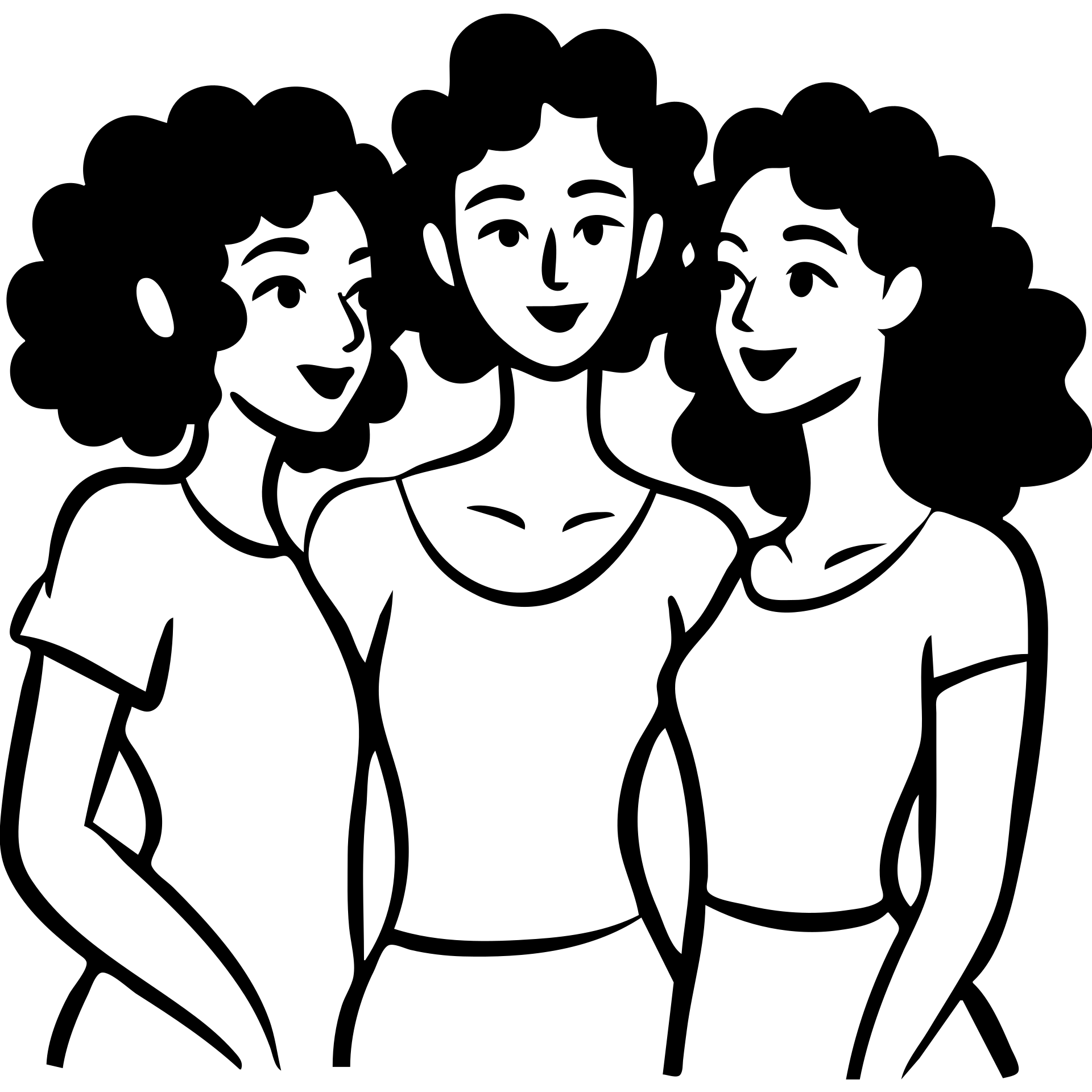 Three women with curly hair standing together, two with shoulder-length black curly hair and one with short black curly hair emoji