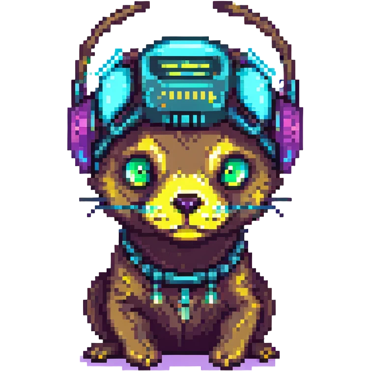 pixel art otter, big eyes, cyberpunk neural headgear, neon glow emoji