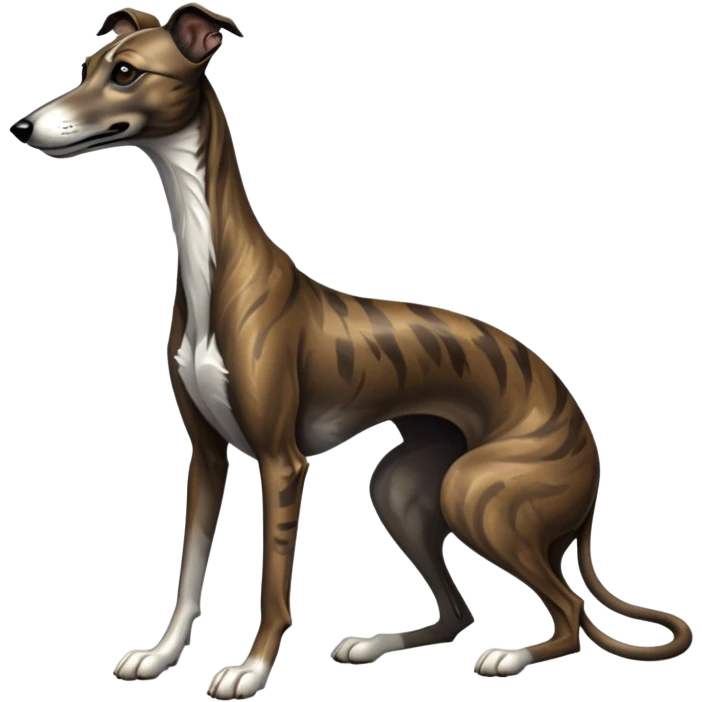 cinematic-[brindle greyhound]-realistic-full-body-sitting-emoji,-tail-resting-loosely-beside-its-paws,-head-tilted-dramatically, -sleek-[dark brindle]-fur,-simplified-yet-realistic-focused-features,-highly-detailed,-glowing-with-an-almost-sarcastic-glow emoji