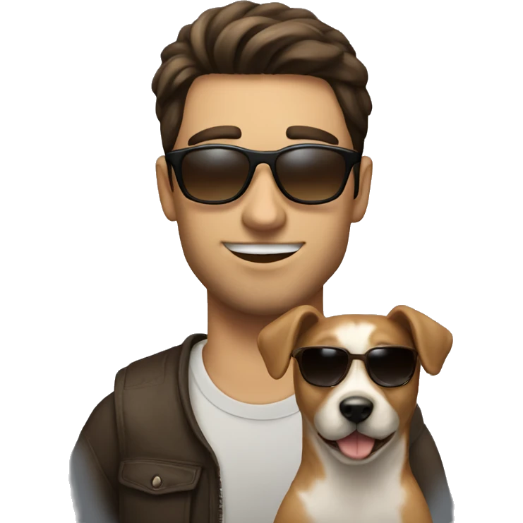a brunette guy with a sunglasses near to a dog emoji