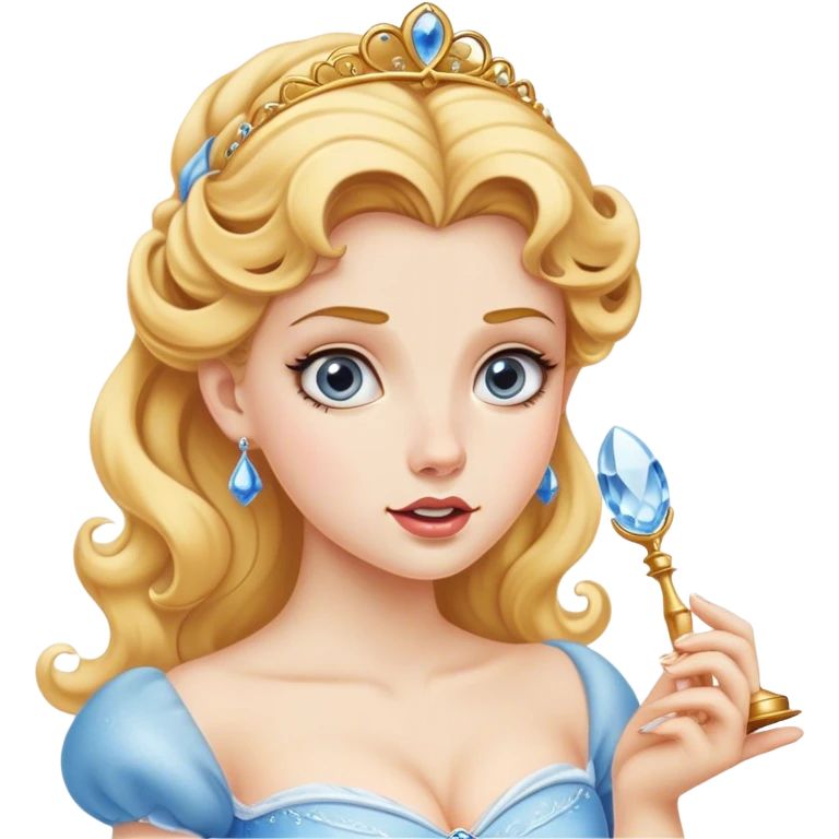 Cinematic Funny Cinderella Portrait Emoji, Stunned expression as she holds a glass slipper much too big, one eyebrow raised, golden curls slightly messy, a mix of royal grace and unexpected humor, capturing a lighthearted twist on her fairy tale moment! emoji