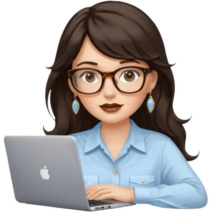 A white woman with long wavy dark brown hair and a whispy bang, wearing thick tortoise SQUARE glasses, gold drop earrings. She has long lashes and a nude browny glossy lipstick. She's wearing an oversize light blue shirt with white vertical strips. She's working on a laptop emoji