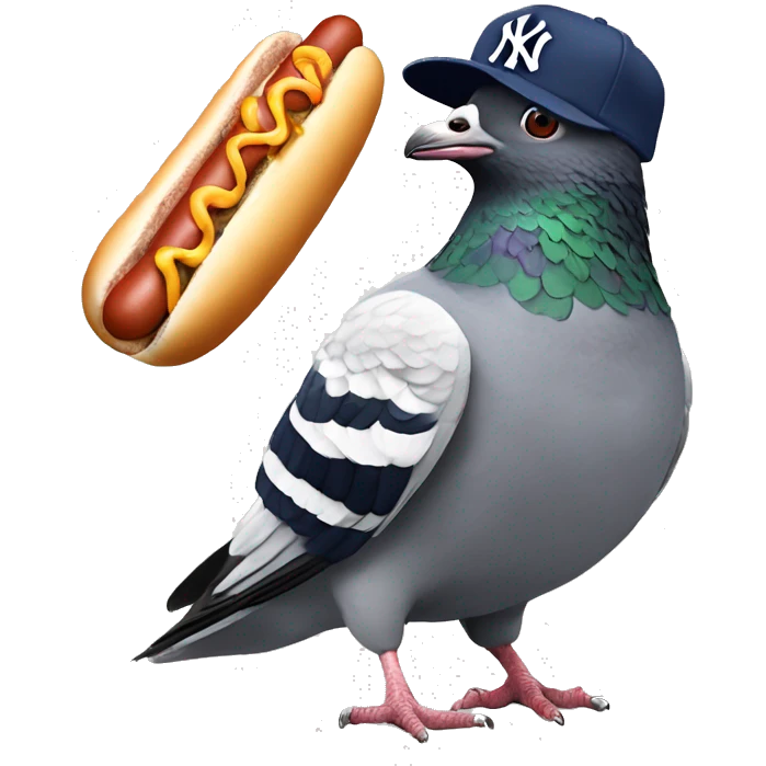 pigeon wearingpigeon wearing New York yankee hat while smashing a hotdog New York yankee hat while eating a hotdog emoji