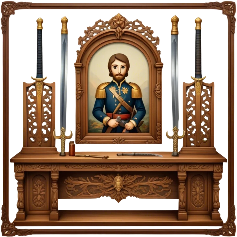 Icon for Antiques Collecting: vintage intricately carved furniture, famous paintings, antique swords, and rifles. The items are displayed on a wooden table or shelf. The icon should evoke the rich history and craftsmanship of antique collecting. Transparent background. emoji
