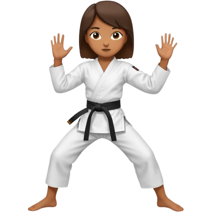 Ragazza castana che pratica karate, ha la cintura nera ed io tradizionale kimono bianco del karate, tira un calcio laterale oppure un pugno oppure è in posizione di guardia emoji