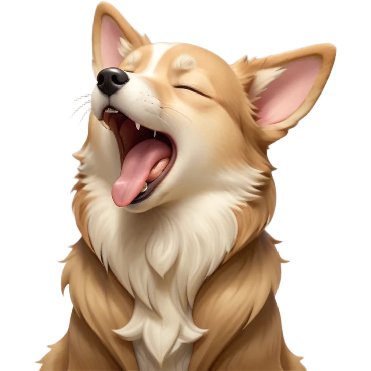 Cinematic Cute Yawning Domestic Dog Portrait Emoji, Head tilted slightly with a dramatic, wide-open yawn, showcasing a plush, inviting coat with gently drooping ears and half-closed, drowsy eyes, Simplified yet irresistibly adorable features, highly detailed, glowing with a soft, cozy glow, high shine, relaxed yet expressive, stylized with a dash of playful whimsy, soft glowing outline, capturing the essence of a sleepy yet affectionate dog that seems ready to stretch out for a nap! emoji