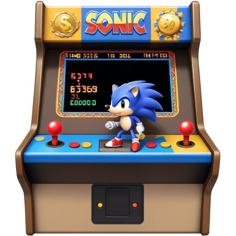 An icon showing a retro arcade screen with pixelated characters like a speedy hedgehog Sonic jumping and collecting coins. The game environment includes obstacles, power-ups, and vibrant colors, evoking the excitement and nostalgia of classic arcade games. transparent background. emoji