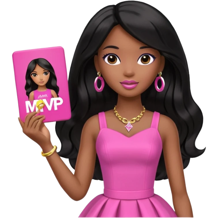 Black barbie, long black  hair, pink dress holding mvp sign  emoji