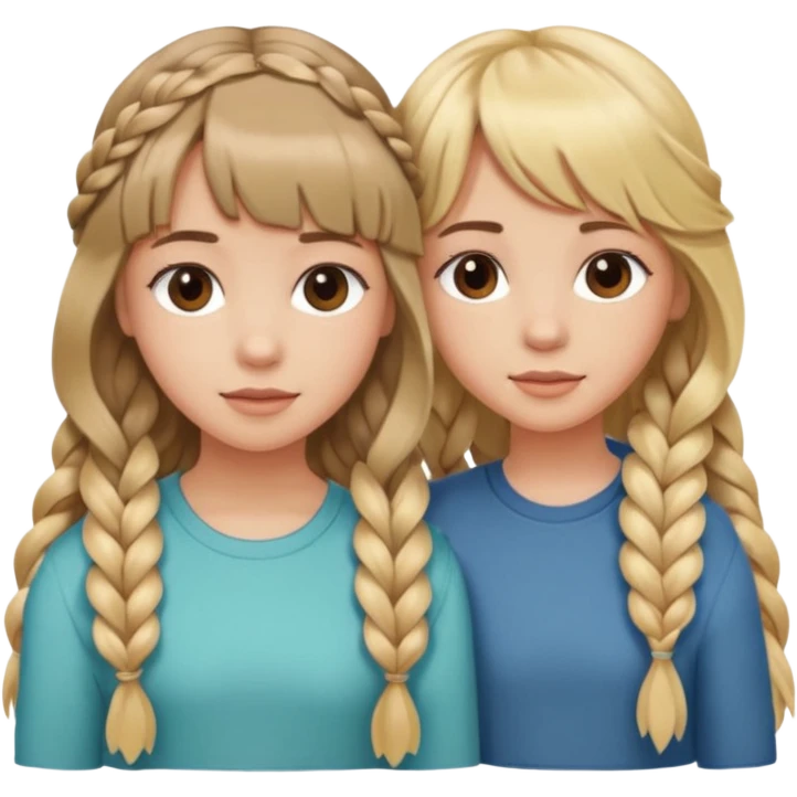 Sister with bangs and long wavy blonde hair and her sister with brown hair with bangs and longb hair braided to one side.  Close loving sisters💛 emoji