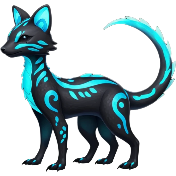 Rare realistic black dark-neon glowing bioluminescent edgy badass epic pretty beautiful handsome gorgeous aesthetic colorful vibrant Vernid-Trico-species-Fakemon-creature by LiLaiRa, 4 legs, 1 tail, random markings, (full body) emoji