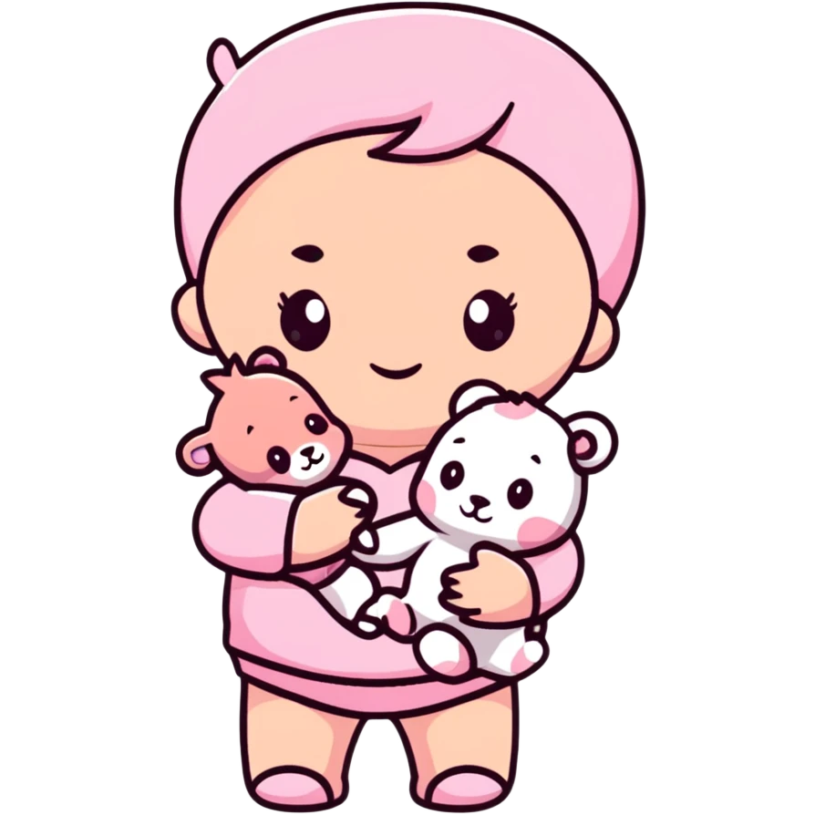 adorable baby in pastel pink outfit with pink teddy bear emoji
