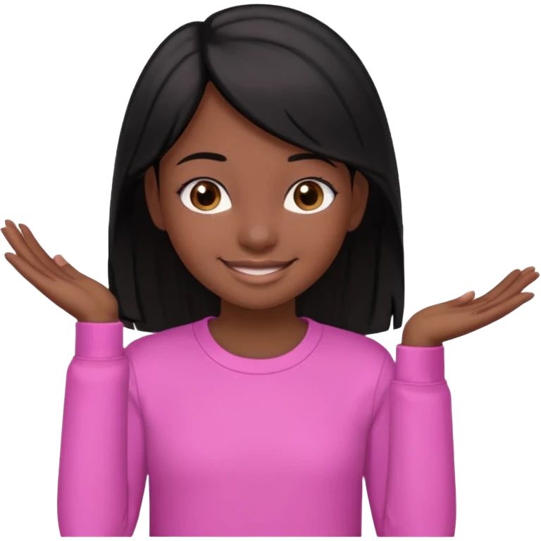 A portrait of a 14-year-old girl, he's got black hair, darkish skin and brown eyes. she's wearing a pink longsleeve. She's smiling a bit emoji