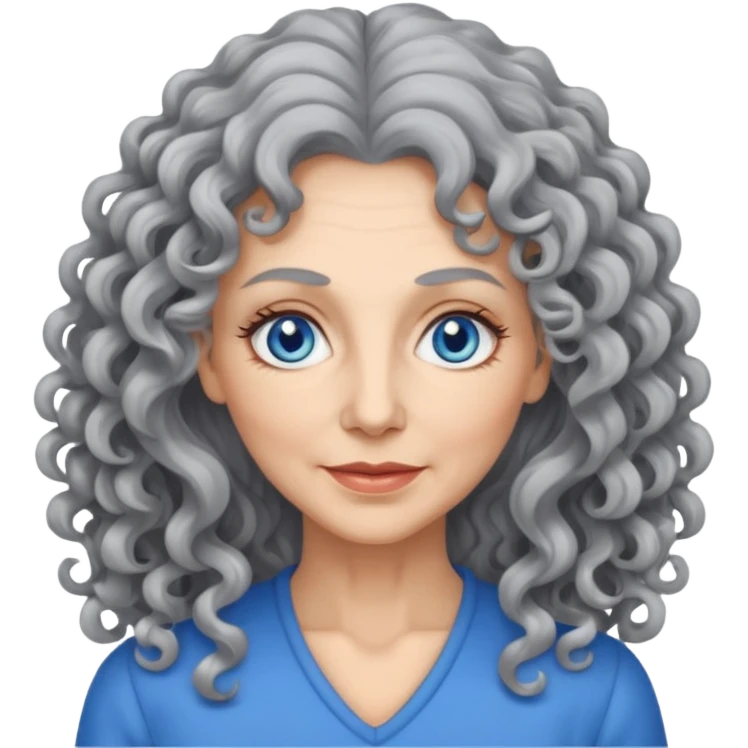  50 years olde woman with grey long curly hair and bleu eyes emoji