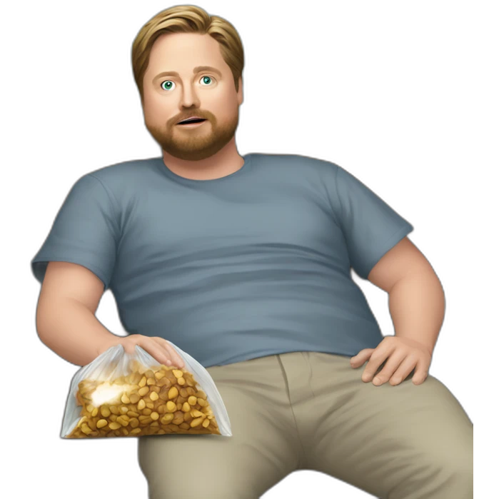 tim heidecker with a beard lazy lounging on couch holding a plastic ziploc bag of walnuts emoji