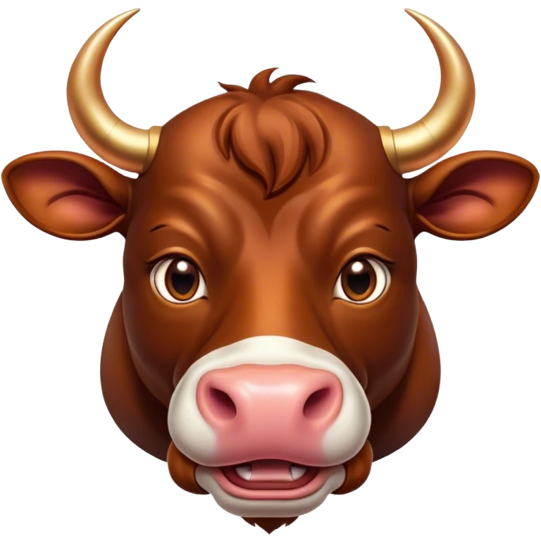Cinematic Cute Domestic Bull Portrait Emoji, Head tilted playfully and inquisitively, with a sturdy, compact build and a smooth, polished coat of rich copper and brown hues accentuated by gently curved horns, round, sparkling eyes full of curious determination, Simplified yet irresistibly adorable features, highly detailed, glowing with a warm, friendly glow, high shine, affectionate and spirited, stylized with a touch of rustic charm, soft glowing outline, capturing the essence of a mischievous yet loving domestic bull that feels like it could trot out of the screen and into your arms! emoji