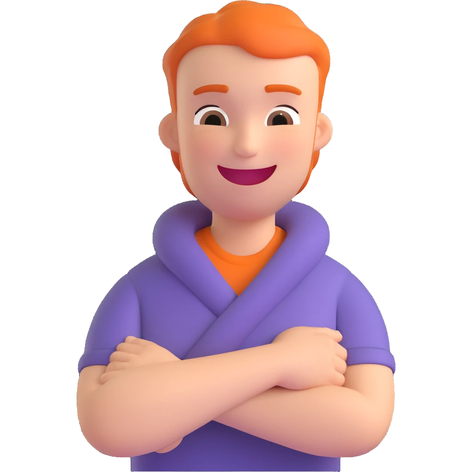 person with arms crossed, holding neck, laughing, expressive face emoji