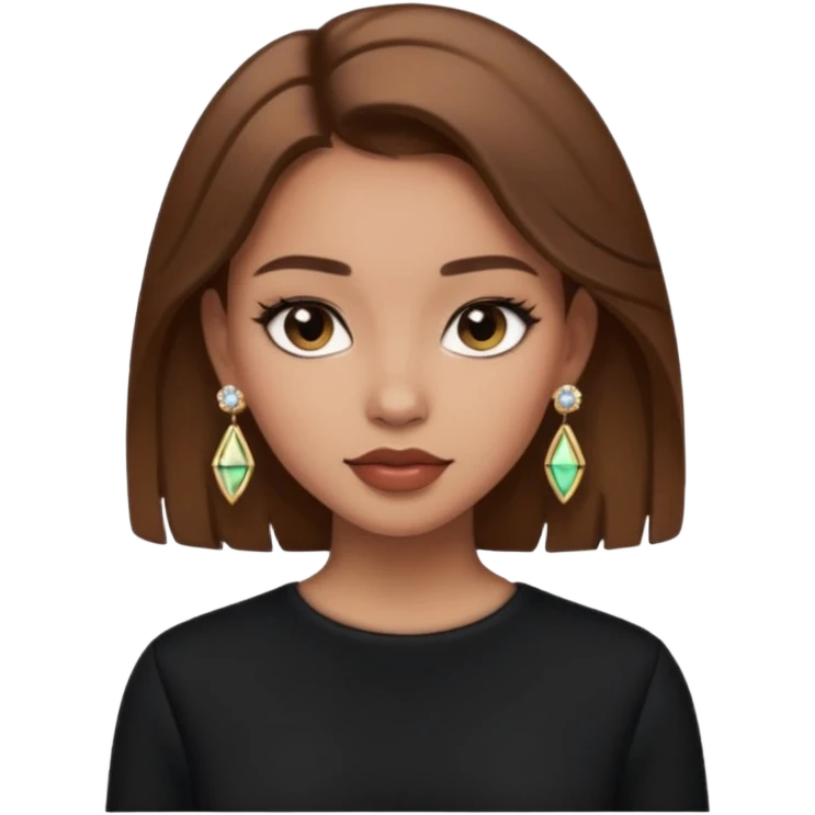 Μια κοπέλα καστανή με μαύρα ωραία ρουχα και σκουλαρίκια και κοσμήματα και βαμμένη ελαφρό emoji