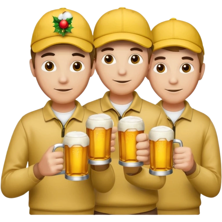 16 men on a golf trip wearing yellow golf caps all holding a beer can with a Xmas style label. Has to be 16 of them. emoji
