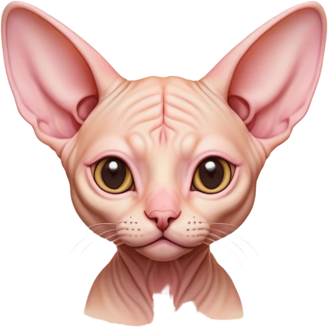 Cinematic Cute Sphynx Cat Portrait Emoji, Head tilted playfully and inquisitively, soft, wrinkled skin in warm peach and pink hues, oversized ears and wide, expressive eyes filled with curiosity, Simplified yet irresistibly adorable features, highly detailed, glowing with a warm, friendly glow, high shine, affectionate and lively, stylized with a touch of whimsy, bright and endearing, soft glowing outline, capturing the essence of a mischievous yet loving kitten, so playful it feels like it could pounce out of the screen and into your arms! emoji