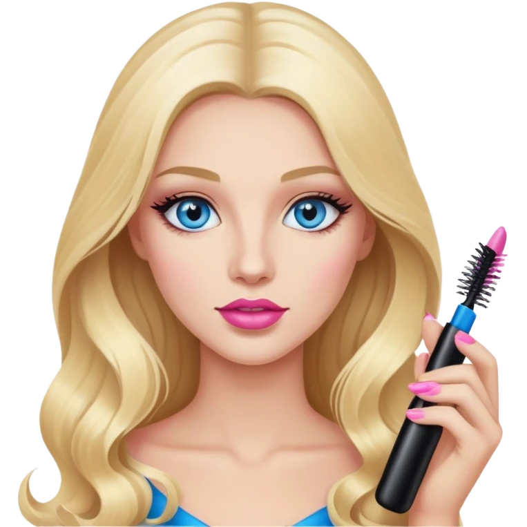 Blonde woman with long hair, blue eyes and pink lips holding mascara in her hands emoji